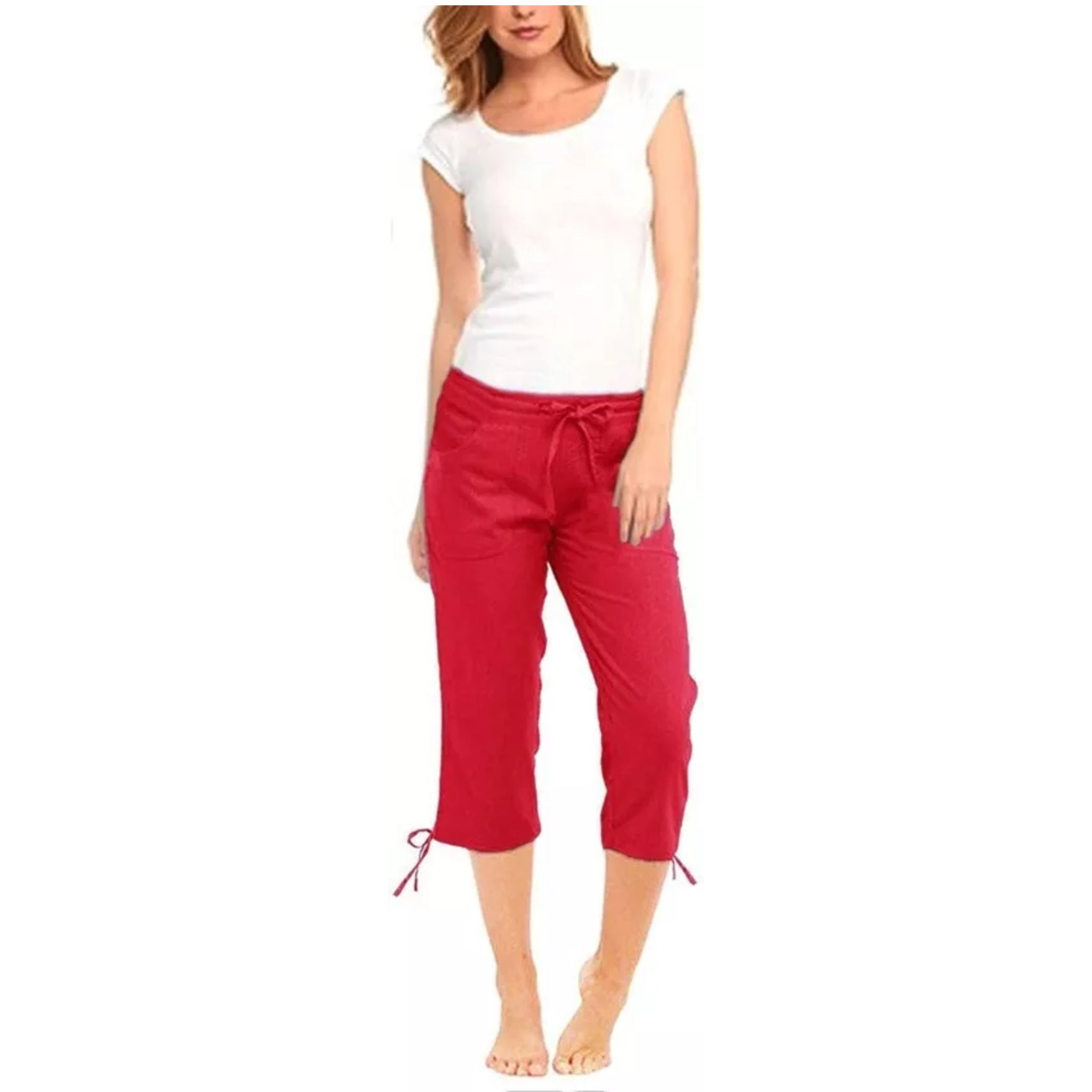 Ladies 3/4 pedal shorts in red – lightweight cropped summer trousers with drawstring waist and pockets, casual capri pants.